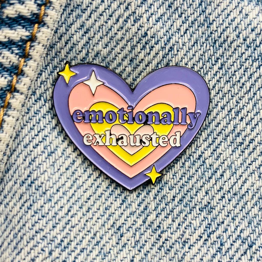 New Enamel Pin Cute Heart Emotionally Exhausted Saying Metal Pin Gift Birthday Pack of 1