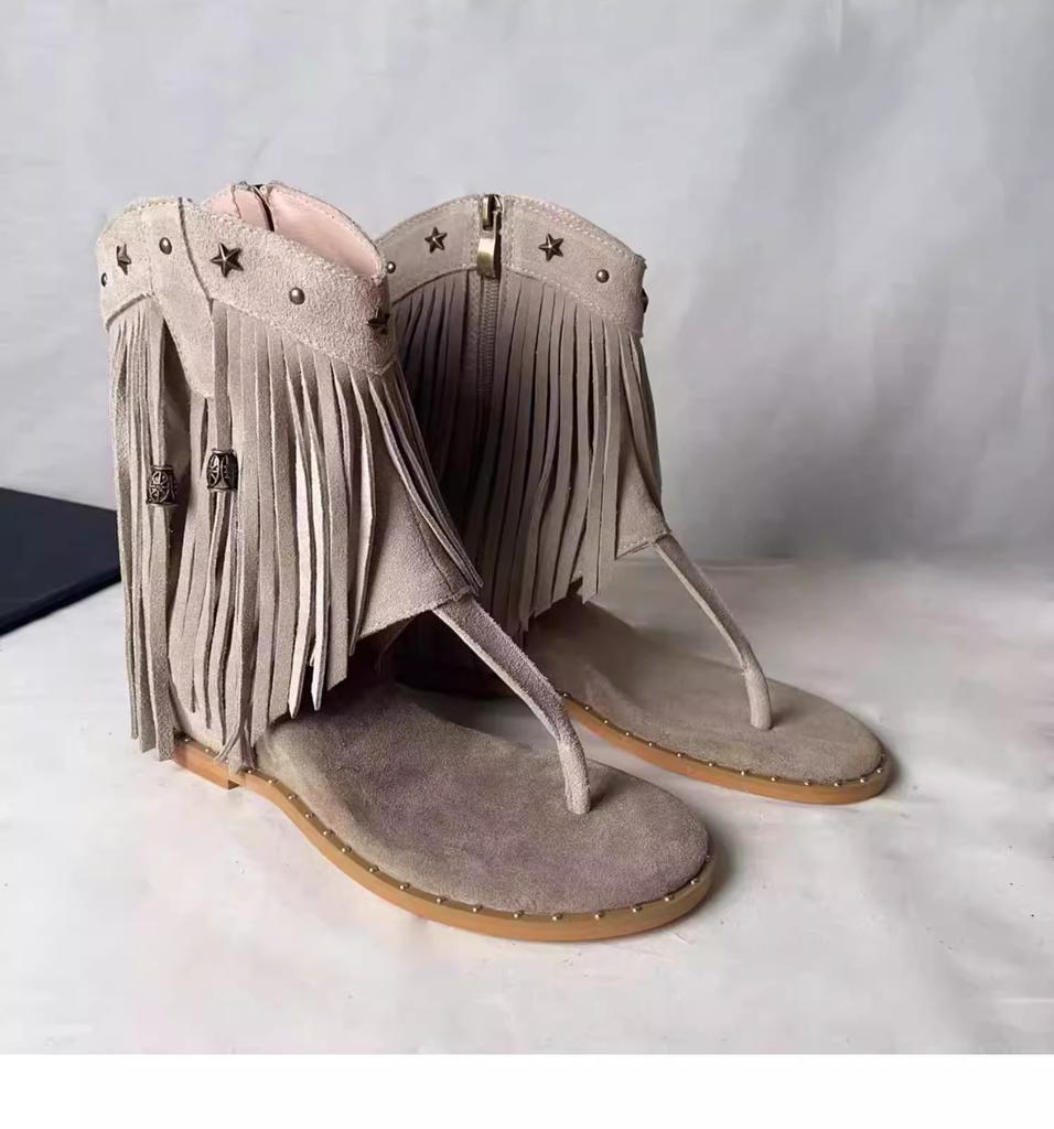 Spot second hair! Tassel rivet herringbone clip sandals new inner height increase side zipper Roman cool boots western boots