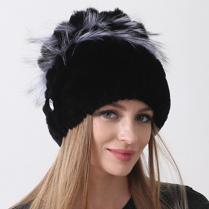 Роскошная зимняя шапка из натурального меха для женщин, вязаная шапка из меха кролика рекса и лисы, цветочные зимние модные стильные меховые шапки