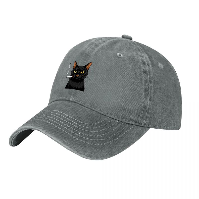 Black Cat Smoking Design Washed Canvas Baseball Cap Unisex Adjustable Hat Vintage Style Streetwear Accessory for Unisex and Women