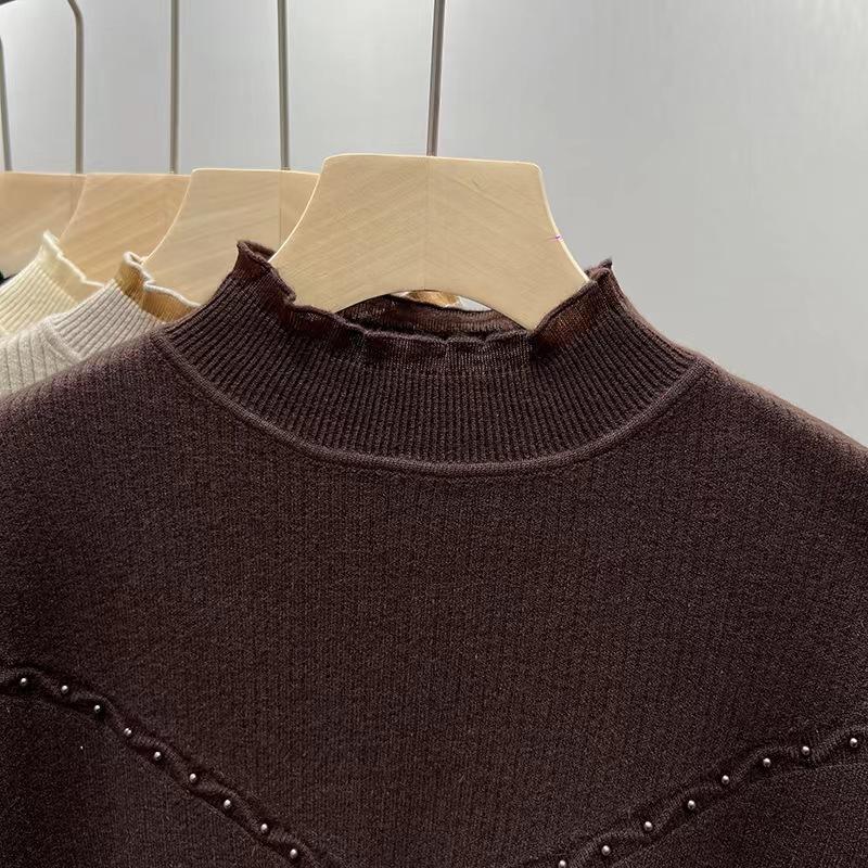 Женский осенне-зимний базовый свитер с полувысоким воротом и добавлением бархатного кружева. Утолщенный цельный трикотажный свитер из бархата для тепла и свободного кроя.
