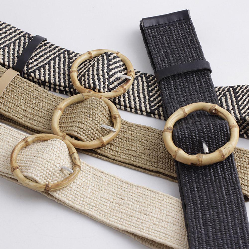 Summer Wide Bohemian Waistbelt Straw Belt Wooden Buckle Elastic