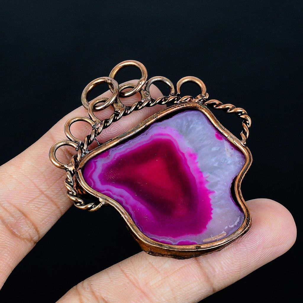 Pink Solar Druzy Pendant Gemstone Jewelry, Copper Electroformed Pendant, Gift For Women Handmade Pendant