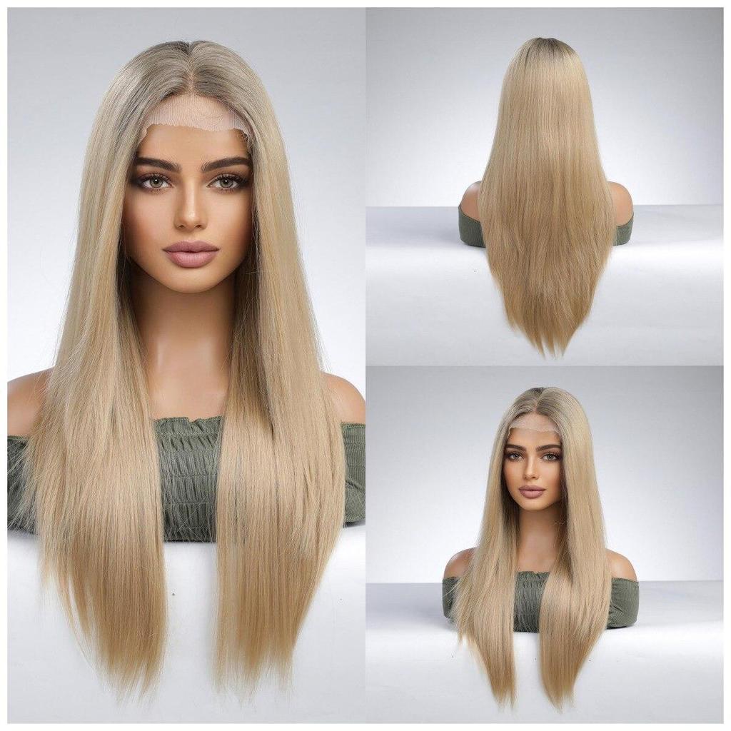 BLONDE UNICORN Long Ombre Blonde Straight Lace Part Synthetic Wigs for Women Daliy Hair Natural High Density Heat Resistant