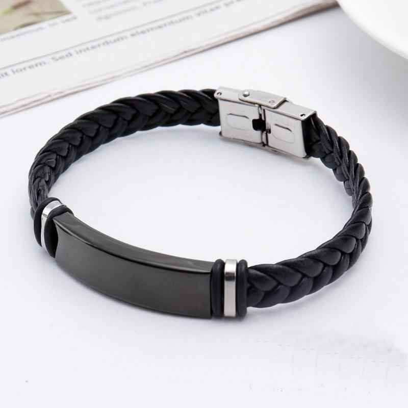 2022 Trendy Men Leatherwear Weave Bracelet Leisure Color Contrast Stainless Steel ID Bar Customize Engraving