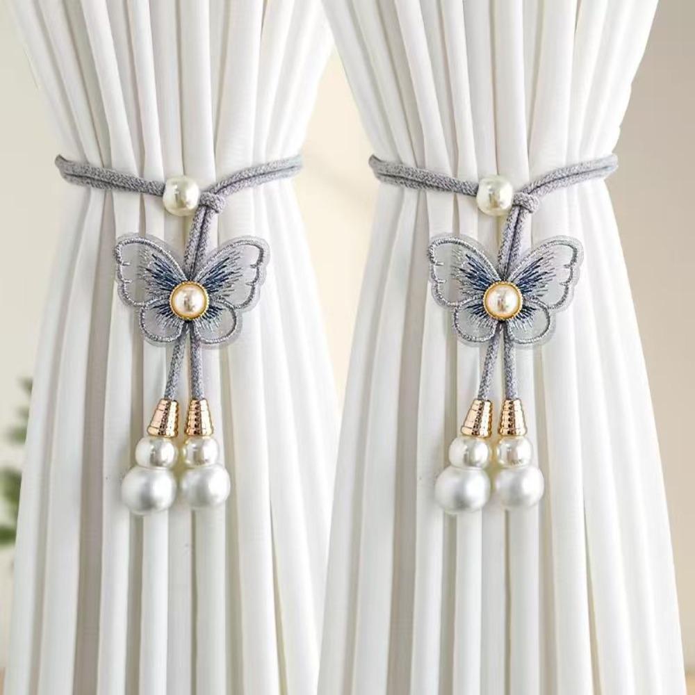 2PCS Adjustable Butterfly Curtain Tiebacks Curtain Holder Decorative Pearl Curtain Buckle Artificial Pearl Curtains Tie Rope