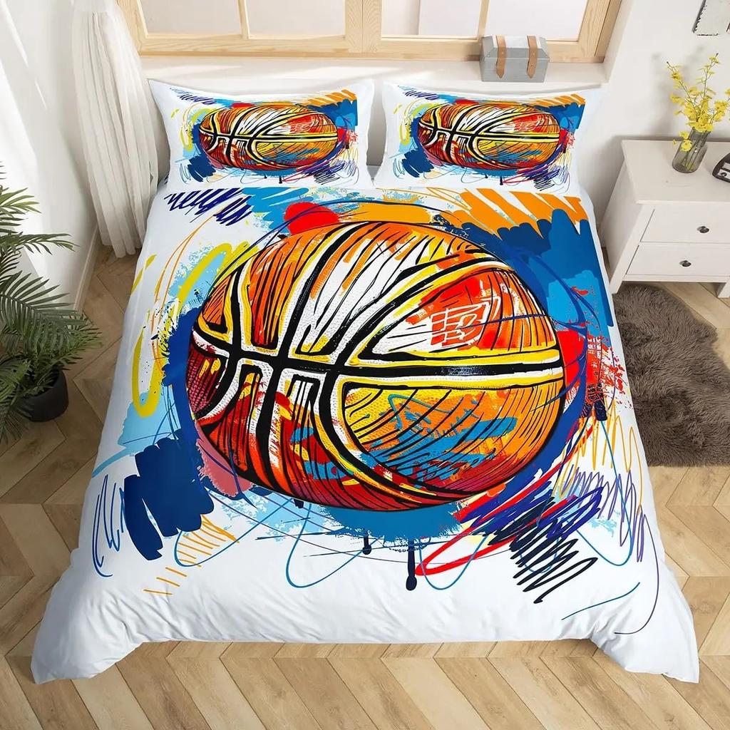 Пододеяльник с баскетбольным мячом Queen Blue Red Green Tie Dye Комплект постельного белья Grunge Neon Sports Покрывало Neon Ball Game Покрывало