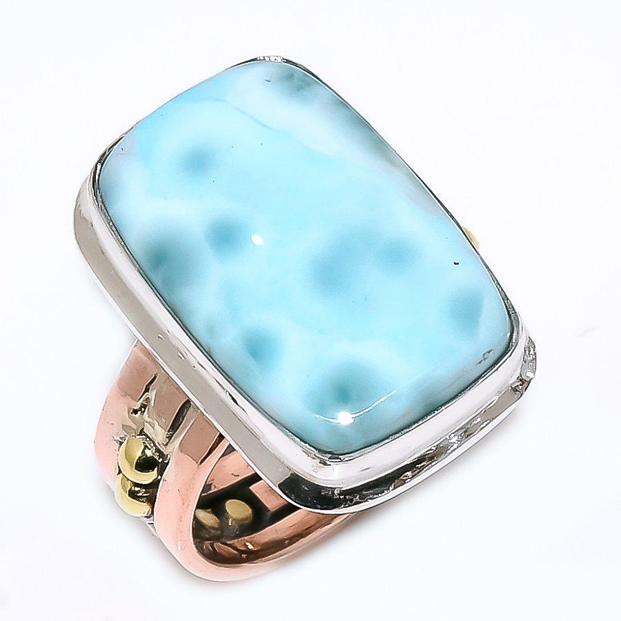 Натуральный Ларимар Драгоценный Камень 925 Проба Стерлинговое Серебро Двухцветное Подарочное Кольцо Р.6 r9M39