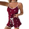 Летний пижамный комплект Dancing Night Cat Ice Silk: Мягкий драпированный топ на подтяжках и милые шорты с принтом