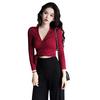 Sexy Slim V-neck Wrapped Women's Crop Tops Novel Solid Color Long-sleeved T-shirts