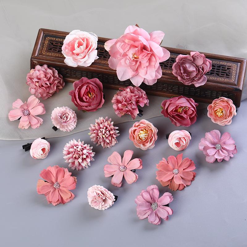 Vintage Flower Hair Clip Set Red Color Series Peony Rose Chrysanthemum Hair Clip For Women Elegant Hanfu Hair Accessories