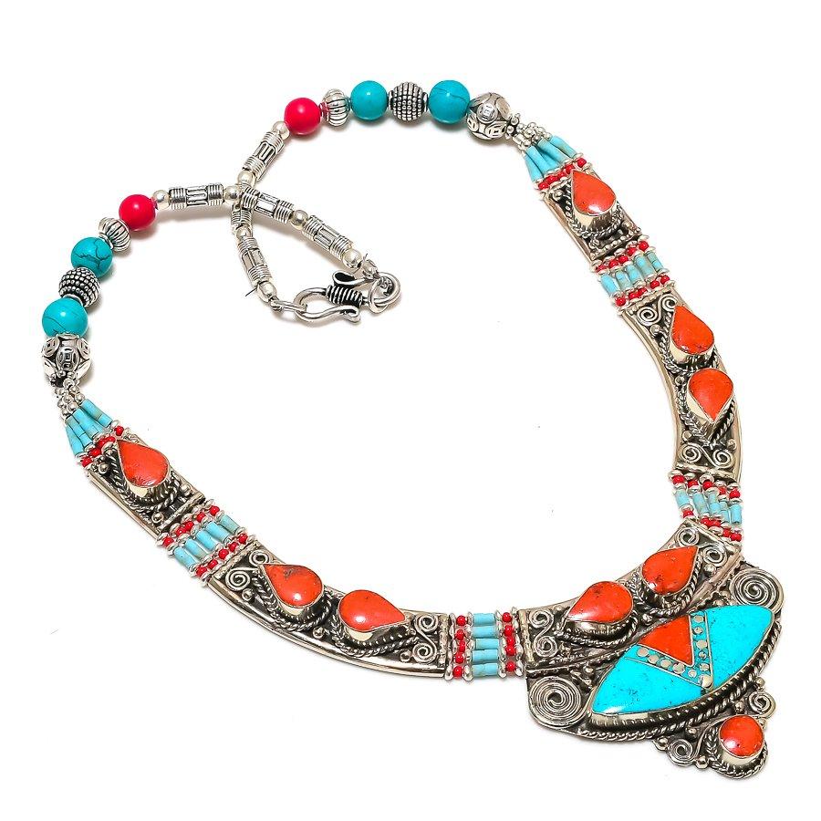 Ожерелье ручной работы из тибетской бирюзы и коралла 18 дюймов R1v16