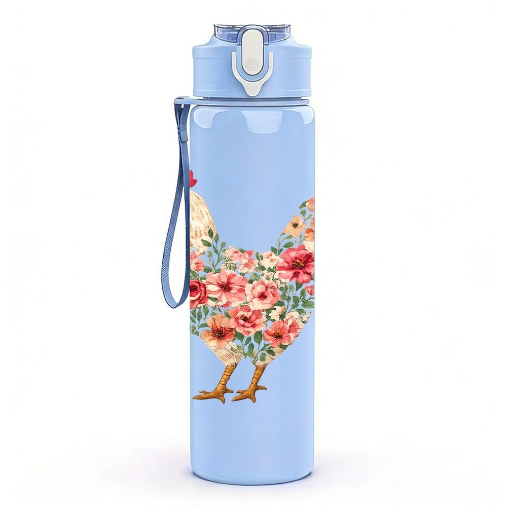 1PC Floral Rooster Chicken Art Print 750ml Color Plastic Sports Water Bottle Leakproof Flip Straw Lid Suitable for Sports Office Home Use