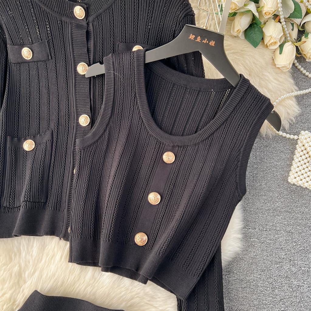 Autumn Winter Women Elegant Gold Button Knitted Sweater 3 Piece Set Single Breasted Jacket Coat Vest Long Midi Sheath Skirt Outfits