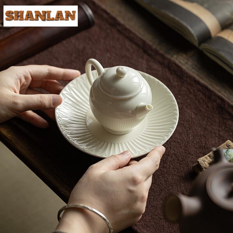 Chinse Ding Kiln White Ceramic Pot Bearing Holder Lotus Petal Pattern Dry Soaking Platform Household Pastry Plate Kung Fu Teaset