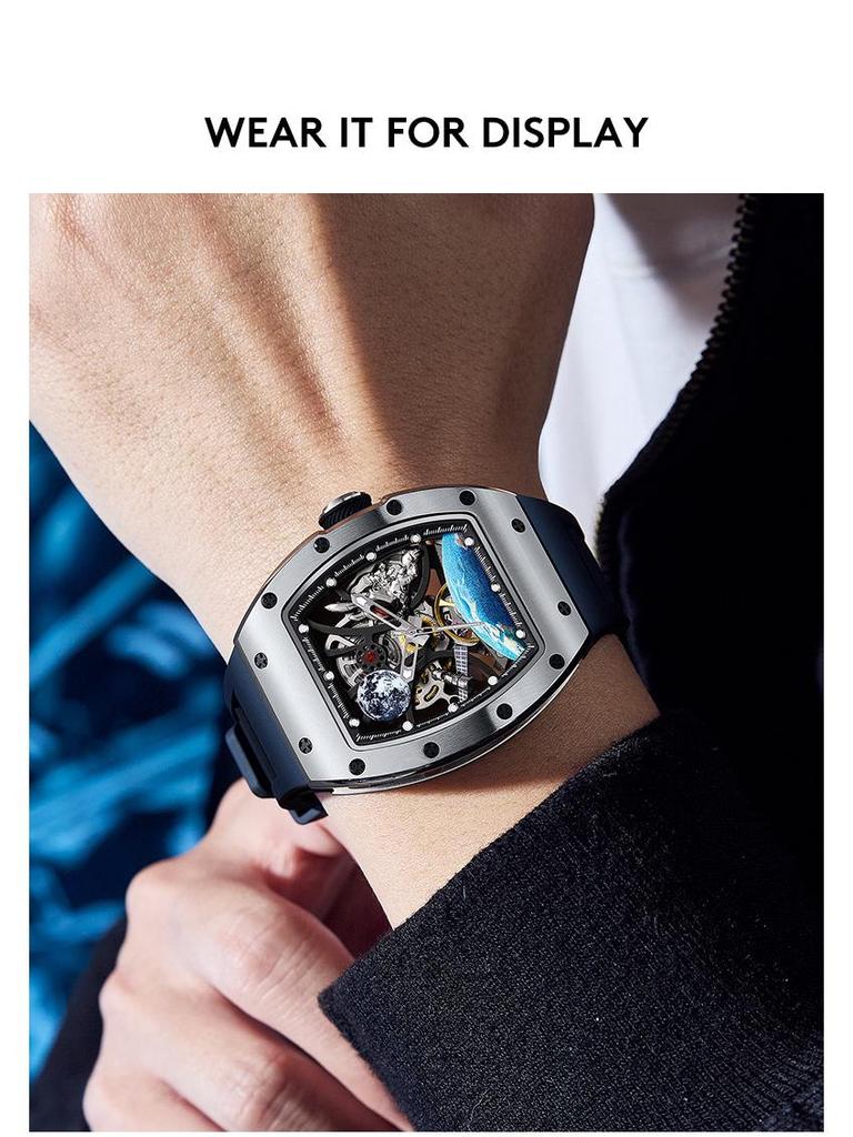 Brand Men's Tonneau-Shaped Mechanical Watch with Pin Buckle