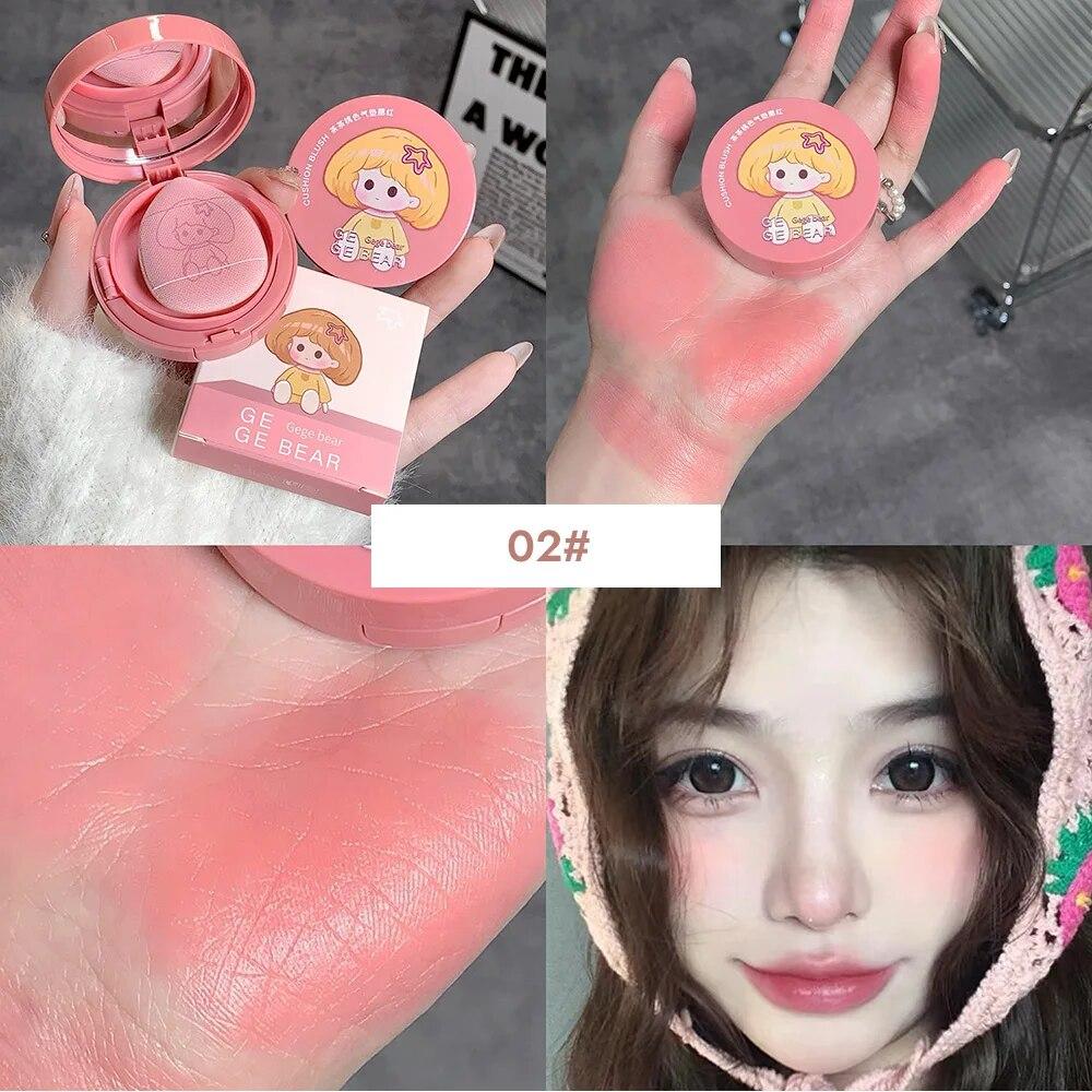 Cushion Blush Blendable Shade with Powder Puff Whitening without Sticking Long Lasting Gege Bear Makeup Blusher