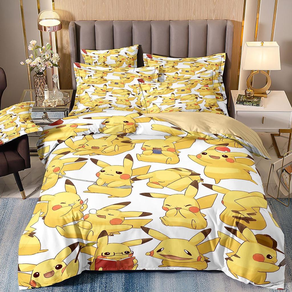 Мультяшный постельный комплект с покемонами, милый пододеяльник и наволочка с Пикачу, домашний спальный трехпредметный комплект, комплекты одеял для мальчика и девочки