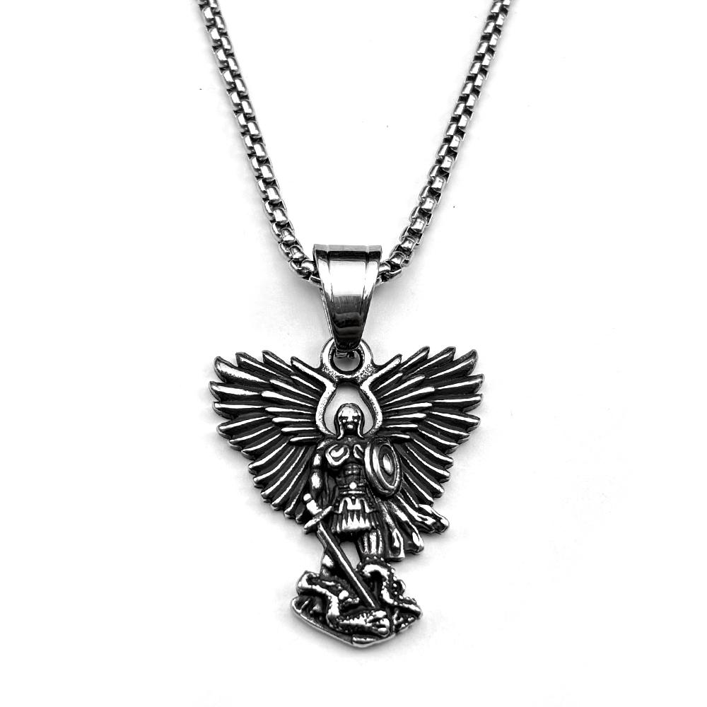 Archangel St.Michael Protect Us Pendant Necklace for Women Men Stainless Steel Silver Saint Michael Protection Chain Jewelry