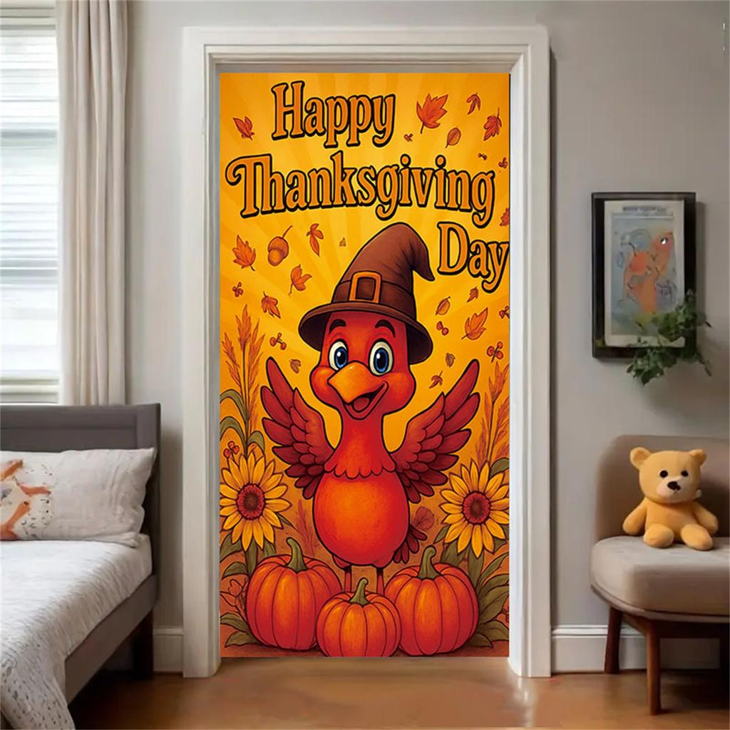 90*180cm Thanksgiving Turkey Print Door Cover Decorative Cloth For Yard Decoration