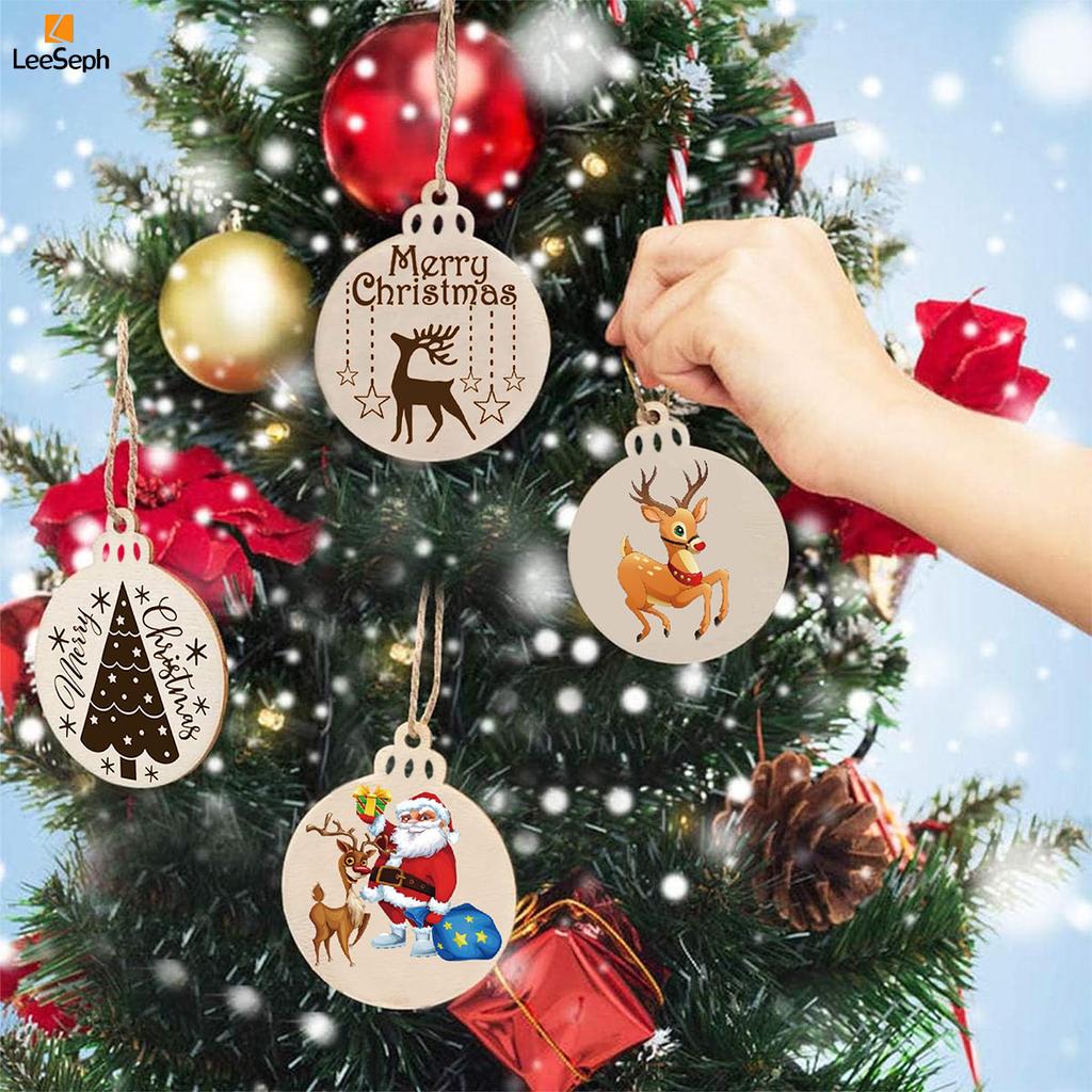 Wood Slices Set 3.5" Wooden DIY Christmas Ornaments Unfinished Predrilled Wood Circles with Twines Rope, Hanging Decorations