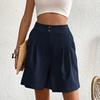 Women Summer Shorts High Waist Button Wide Leg Casual Solid Color Dress Up Loose A-line Office Short Pencil Pants Female Clothes