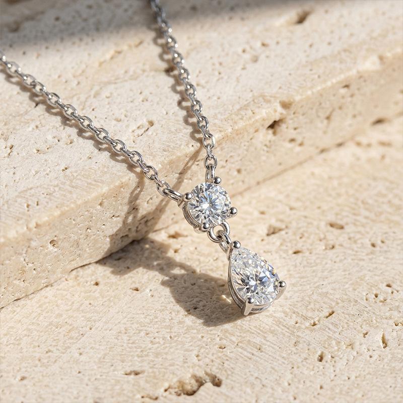 Two-Tier Drop Moissanite Pendant Rolo Chain Yellow Gold Tone 925 Silver Gentle on Skin Soft Glam Layering Jewelry for Women