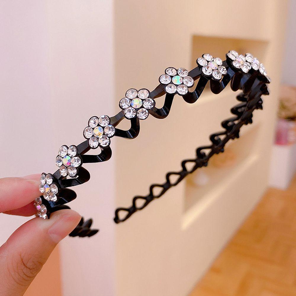 Vintage Non-slip Flower Headwear Wave Thin Headband Crystal Women Hair Hoop Korean Style Hairbands