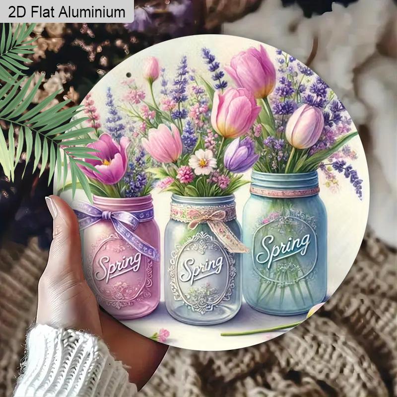 2D Flat 1pc Spring Pastoral Vase Aluminum Sign Round Decorative Hanging Ornament, Home Kitchen Garden Balcony Fence Decor, Gardening Studio Decor
