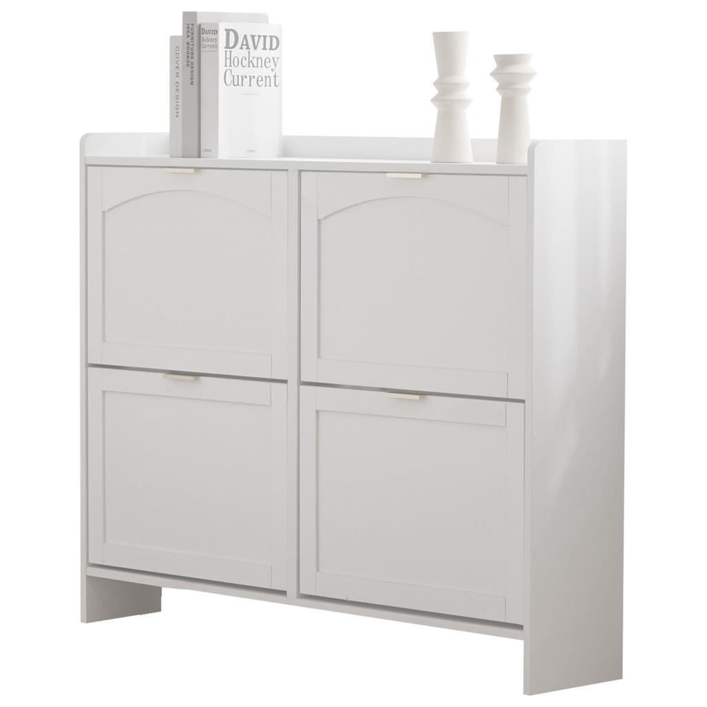 Modern Shoe Cabinet, with 4 Flap Compartments, Open Shelves, for Entrance Area or Hallway, White, Dimensions: W110/H90/D24 cm(OLD SKU:N657P201550W)