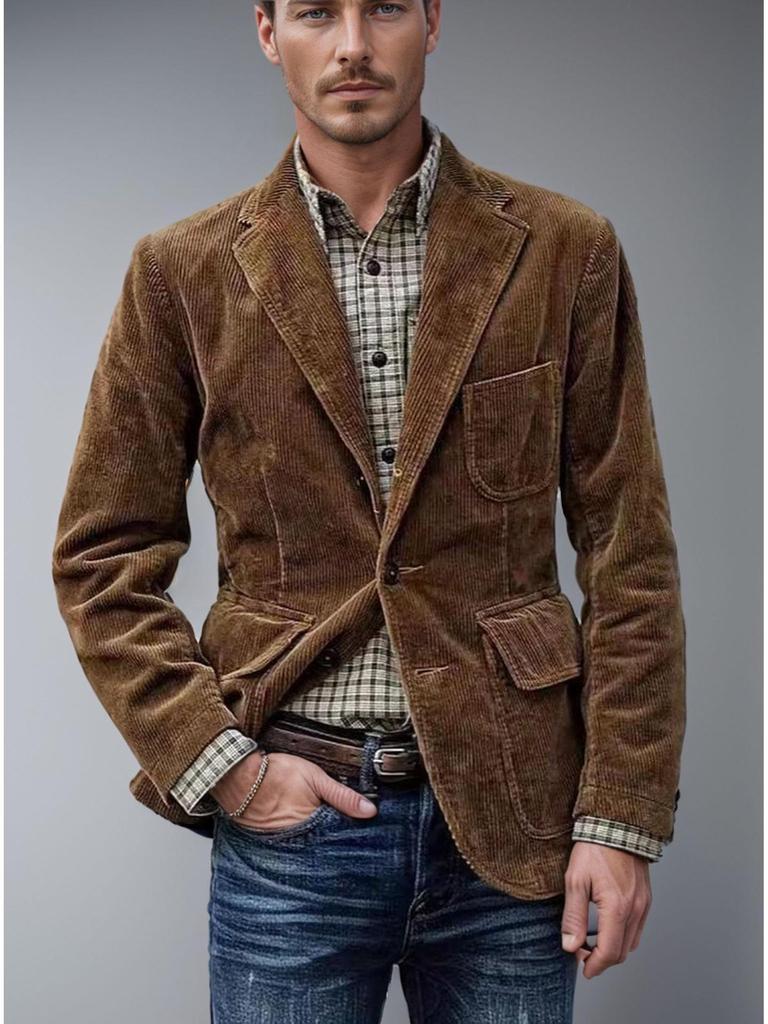 2024 Мужская вельветовая жилетка-куртка: Осень/Зима, Карманный дизайн, Однотонный, Однобортный