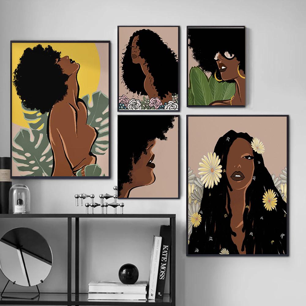 Африканское искусство Картина холст Черная женщина Черная девушка с тропическими листьями монстеры Постеры и принты Бохо Настенное искусство Картинки