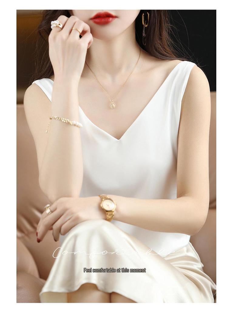 Женская летняя шелковая майка, атласный топ с V-образным вырезом, уникальный базовый слой.