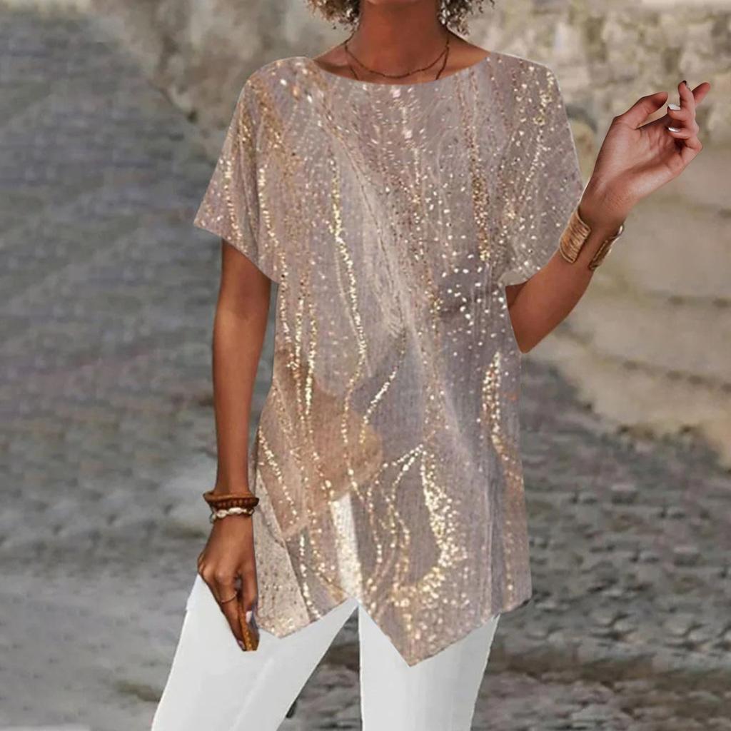 Fashion Womens Summer Geometric Print Loose Short Sleeve Irregular Hem T-Shirt