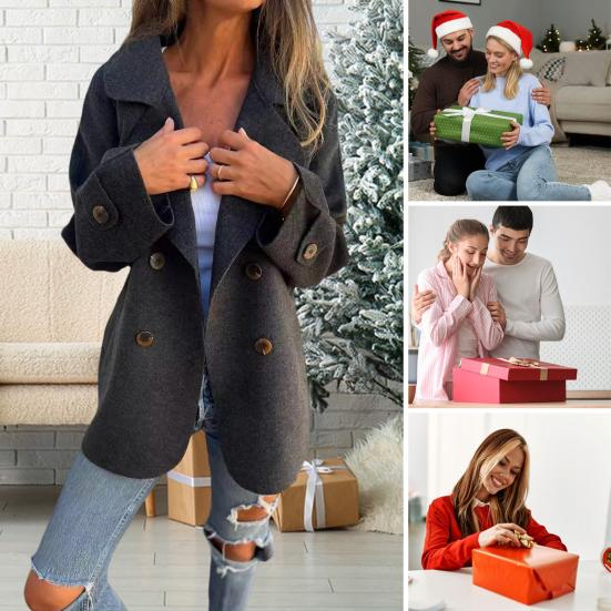 Women Winter Overcoat Turn-down Collar Solid Color Double-sided Woolen Double-breasted Loose Fit Coat Thermal Long Sleeved Commuting Dating Coat