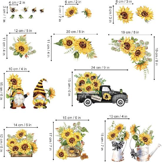 Decalmile Spring Summer Sunflower Double Sided Window Clings - Easter Flowers Gnomes Decals Anti-Collision Glass Doors Stickers