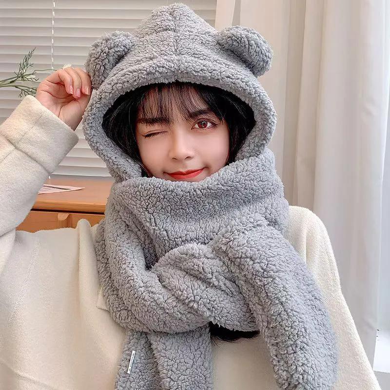 Hat Scarves Cashmere Warm Winter Scarf Pockets Glovers All In One Women Fashion Shawls Cat Ear Cute Kawaii Winter Scarfs