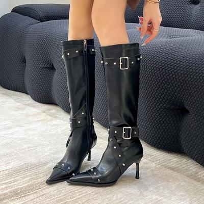 Черные заклепочные остроносые детские сапоги на высоком каблуке, новые мягкие кожаные сапоги 2024 года