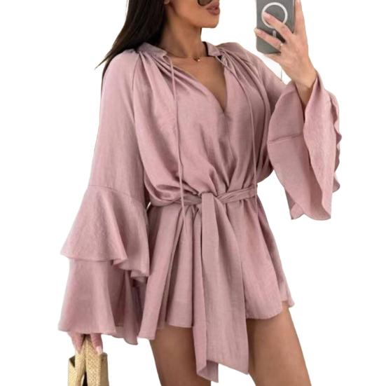Женское летнее платье-рубашка с оборками, длинными рукавами, V-образным вырезом, короткое платье из шифона, А-силуэта, завязывающегося на талии, струящееся мини-платье