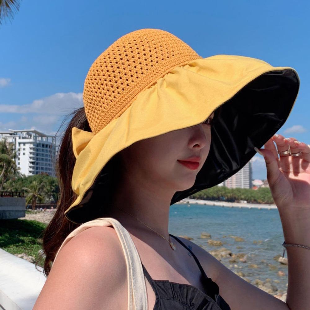 UV Protection Woven Empty Top Cap Sunscreen Vinyl Sun Hats Casual Wide Brim Bucket Hat Seaside
