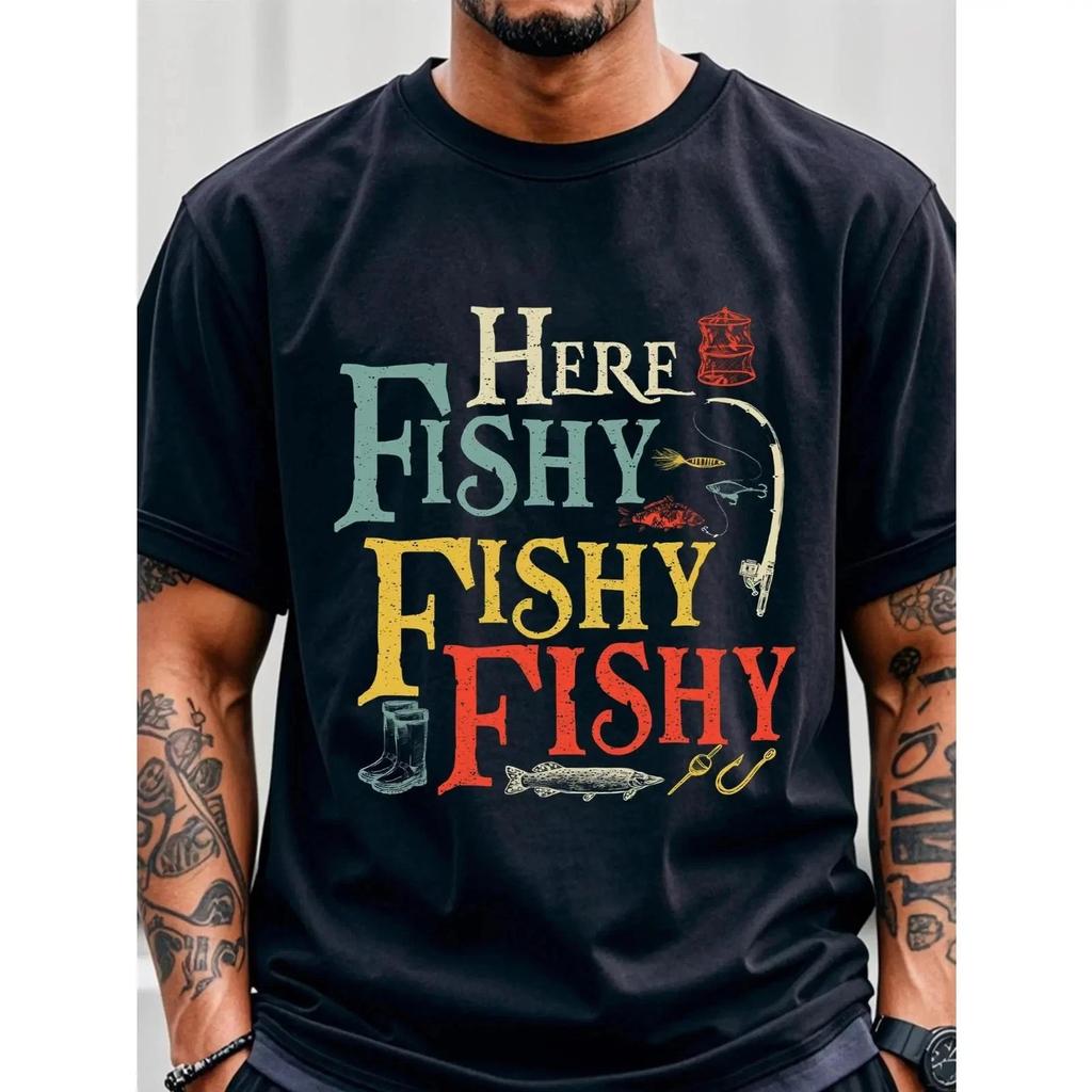 Men's "Here Fishy Fishy" Graphic T-Shirt - 100% Cotton Breathable Quick-Dry Crew