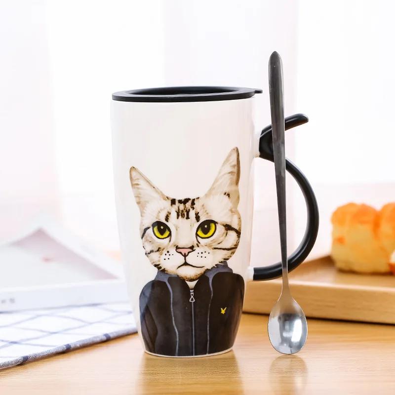 Кружка для пары Милая керамическая кружка для кота Кофе с крышкой Кружки большой емкости с изображением животных Креативная посуда для напитков Кофе Чай Новинка Подарки Молочная кружка