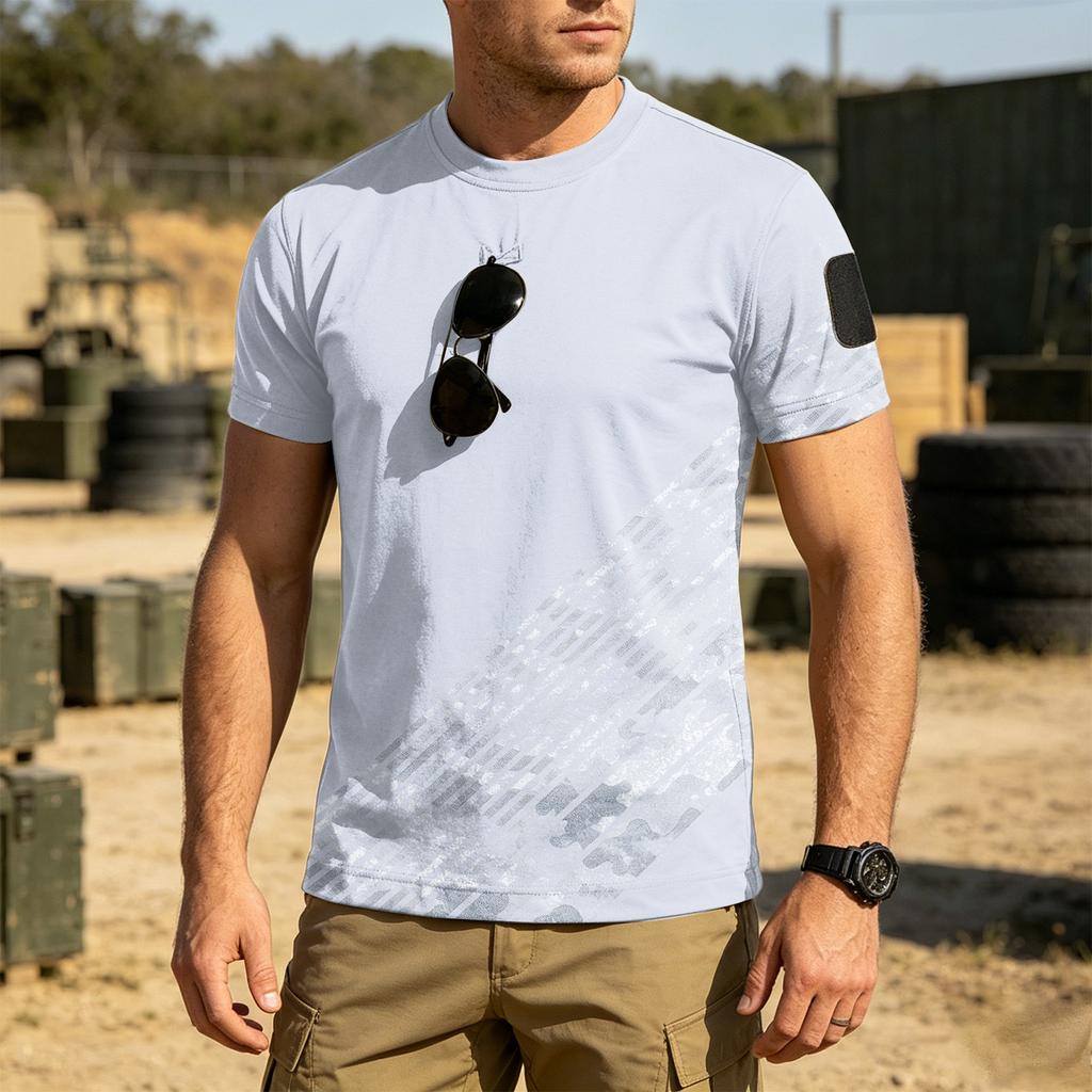 Men Tactical Crew Neck Loose Fit Breathable Outdoor Quick Dry T Shirt with Camouflage Print and Hook Loop Patch Design