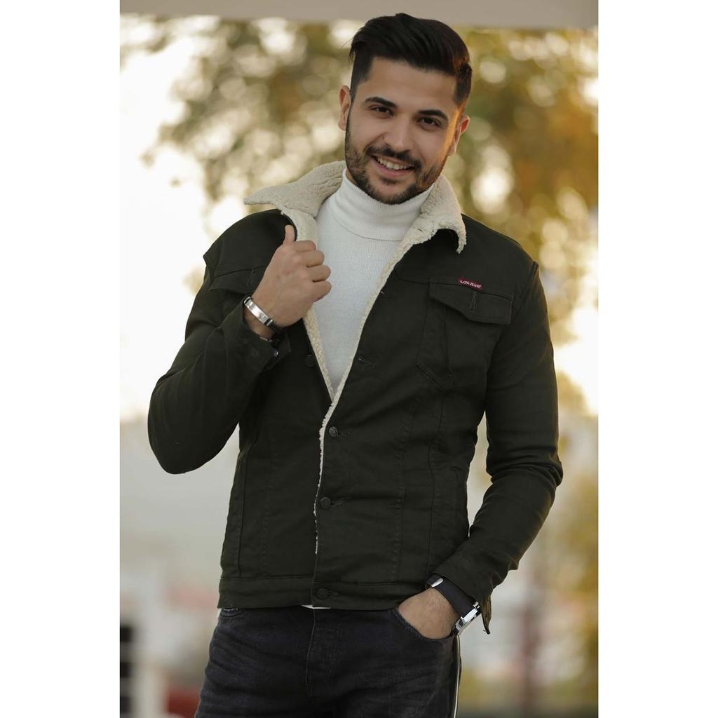 Мужская джинсовая куртка цвета хаки с мехом внутри