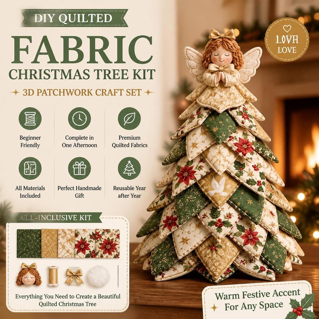 DIY 3D Patchwork Quilted Christmas Tree Kit 30cm Fabric Holiday Tabletop Decoration with Interchangeable Top Ornament Red Plaid Farmhouse Handmade