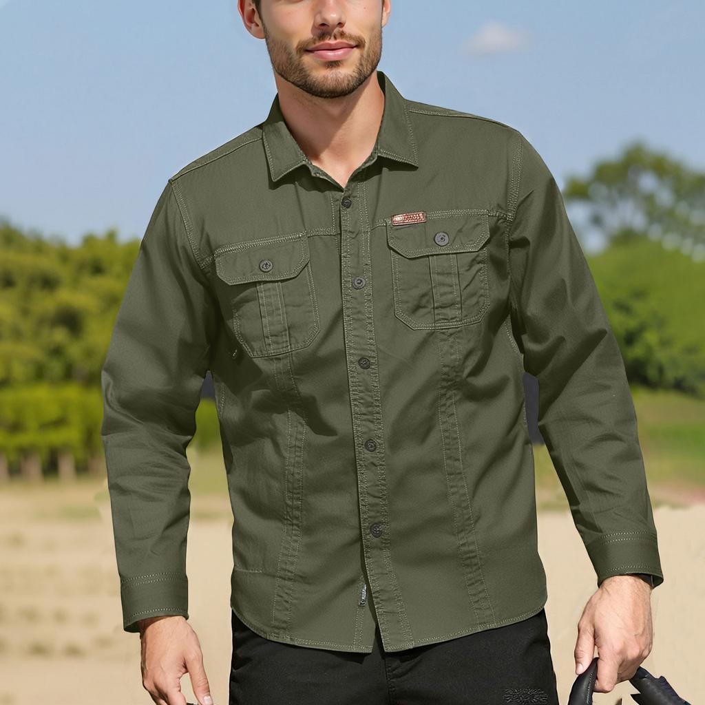 Мужская рубашка с двойными карманами, повседневный топ с длинным рукавом, модный кардиган