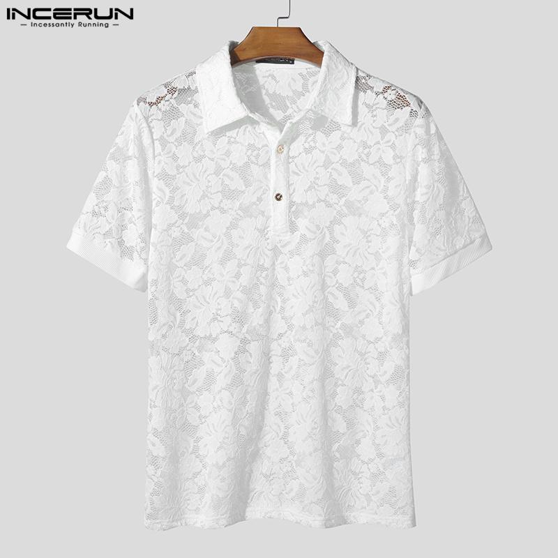 INCERUN Летние мужские кружевные сетчатые прозрачные футболки с коротким рукавом с лацканами и короткими рукавами
