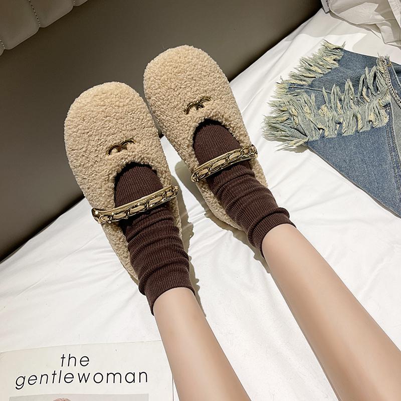 Fashion Aphixta Metal Chain Dec Slip On Flats Soft Fleeces Shoe Shallow Furry Flat With Women Loafers Slip On Warm Winter Casual Shoes