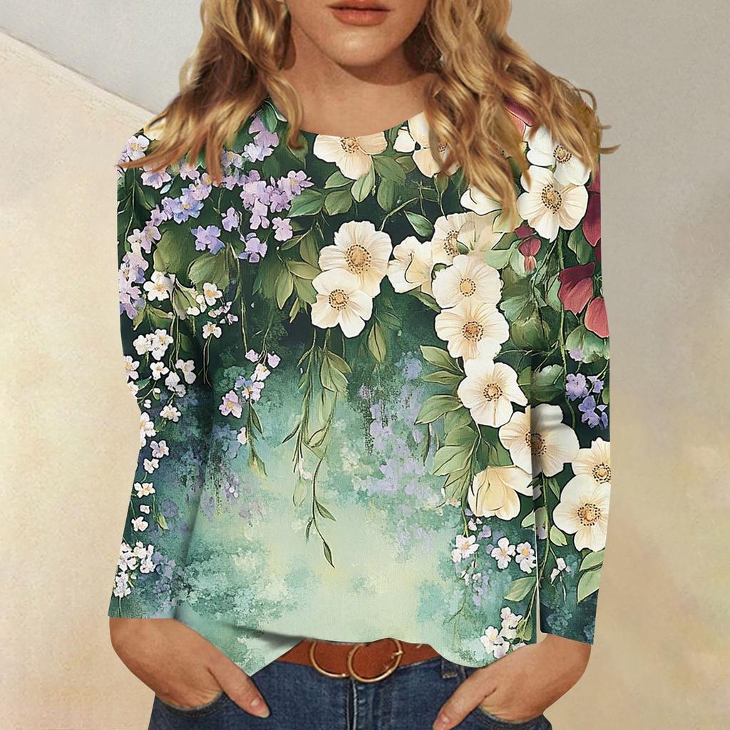 Женская модная повседневная футболка с круглым вырезом и длинным рукавом с принтом, топ