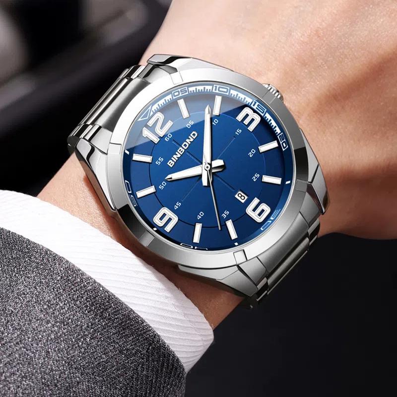 BINBOND Мужские часы Большие цифровые модные деловые водонепроницаемые календарные ночные светильники из нержавеющей стали кварцевые мужские часы мужской подарок